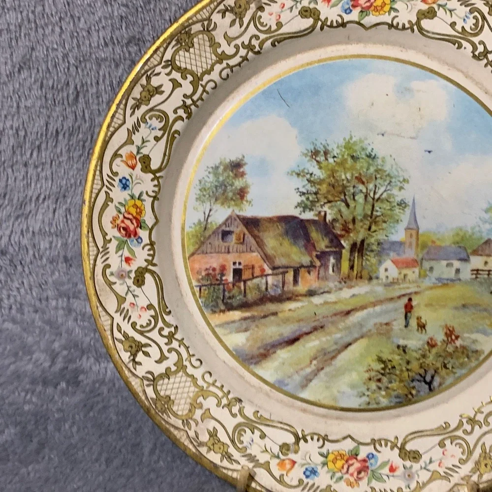 Vtg Daher Decorated Ware Tin Plate Holland Pastoral Village Scene 8 Inch Cottage